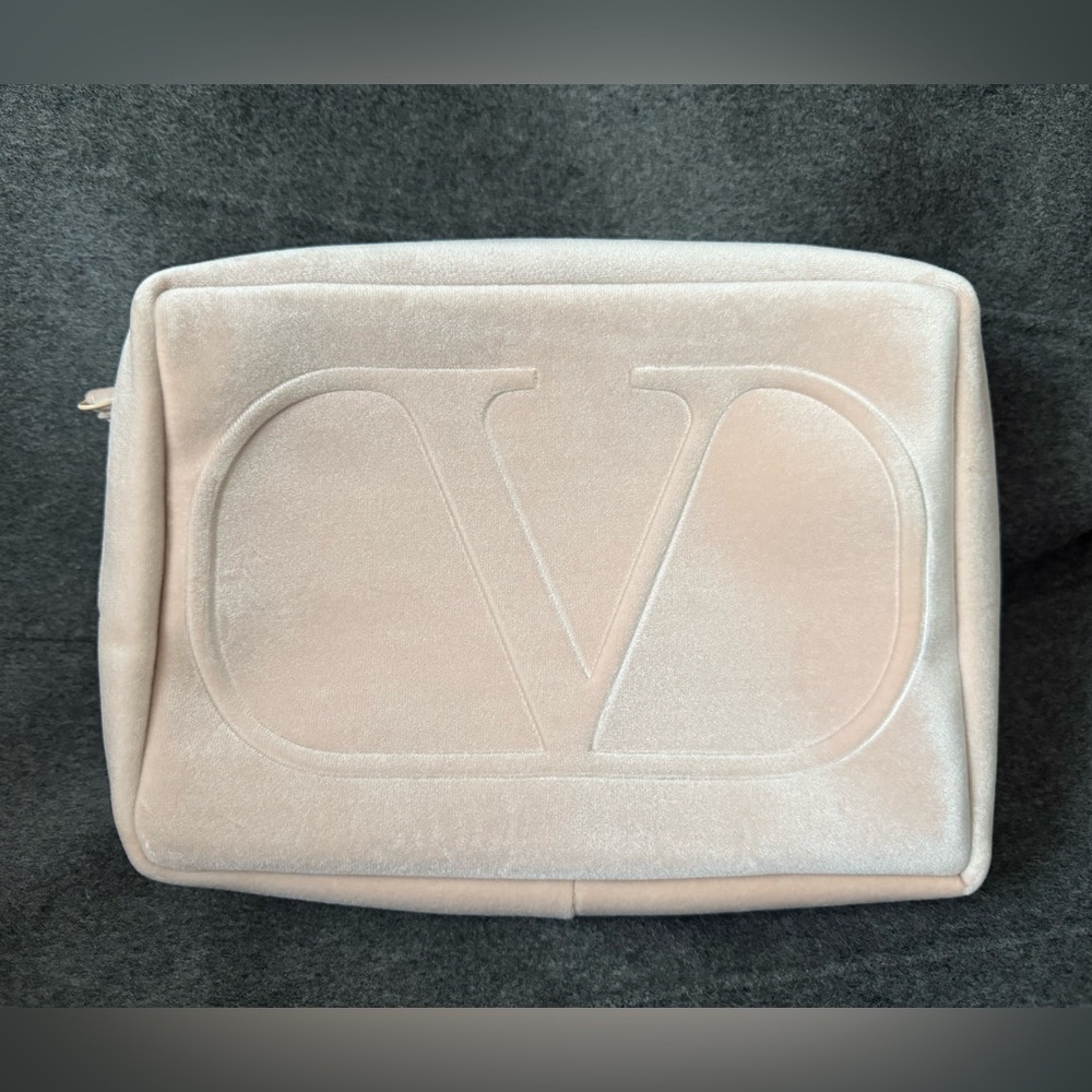 Valentino Beauty Pink Ivory Velvet Logo Large Cosmetic Pouch NEW